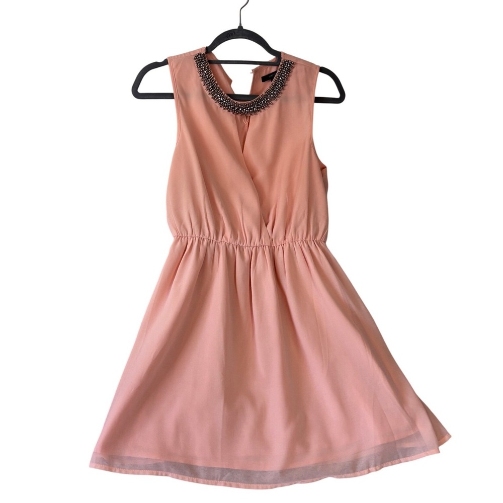 Forever 21 Mini Dress Women Small‎ Peach Pink Beaded Neck Surplice Chiffon